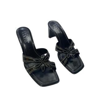 Y2K Franco Sarto Black Leather Flower Heeled Sandals